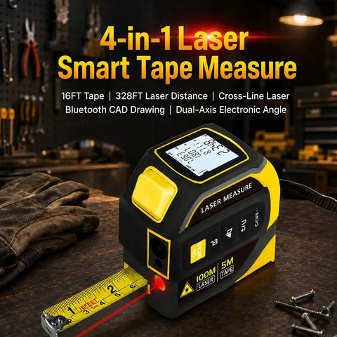 Badass 4 In 1 Laser Tape Measure With 328 Ft Range And 16 Ft Self Locking Blade featuring dual-axis level and measuring display.