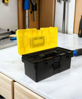 Badass Stackable Plastic Toolbox With Slick Removable Tray And Padlock Buckles To Lock It Down on white countertop