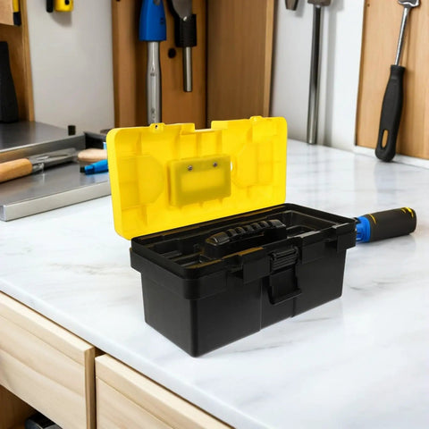 Badass Plastic Toolbox With Lockable Buckles And Removable Tray Plus Sure Grip Carry Handle For Go Anywhere Tool Holding and Straight Up Reliable Home Project Storage Cases, black and yellow, open on a workbench.