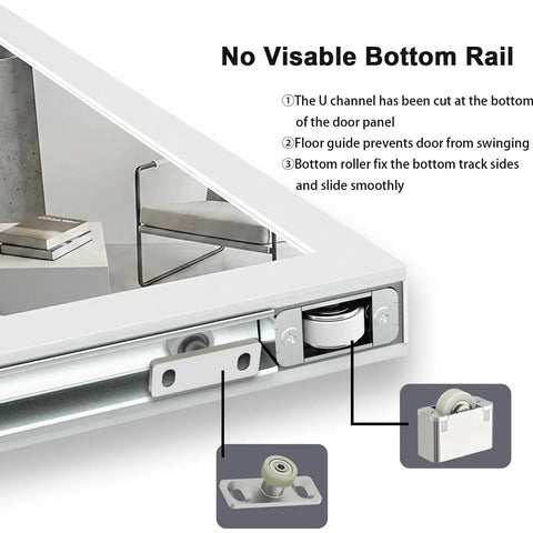 Close-up view of the concealed hardware of 36 By 80 Inch Sliding Barn Door Featuring Concealed Hardware And Butter Smooth Soft Close System Plus Full Length Mirror.