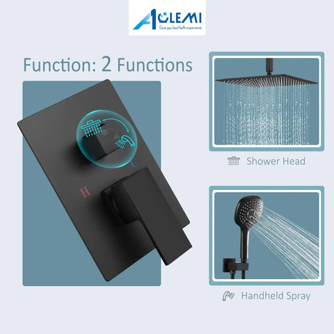 Ceiling Mount Shower System With 10 Inch Matte Black Rain Shower Head And ABS Handheld Spray 3 Functions High Pressure