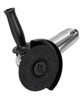 Five Inch Pneumatic Angle Grinder For Metal Cutting And Grinding Ergonomic Grip Low Vibration Lightweight Frame Built Like A Beast For Hard Knocks And The Daily Workshop Grind, featuring a black handle and spinning disk.