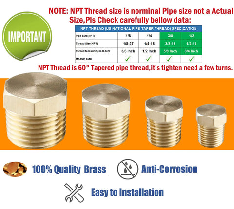 Brass Hex Pipe Plug Fittings Kit 24 Piece Set With NPT Male Threaded Plugs for various metal pipe sizes shown with specifications chart