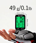 Cyclist hand holding GPS Bike Computer with Wireless Data Sync and Green Auto Backlight 2.4 Inch LCD Screen, IPX7 Waterproof.