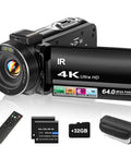 4K Video Camcorder For YouTube Vlogging With 64MP Photos, 18x Digital Zoom, 3 Inch IPS Touchscreen, accessories shown