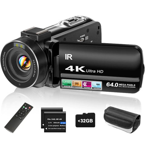 4K Video Camcorder For YouTube Vlogging With 64MP Photos, 18x Digital Zoom, 3 Inch IPS Touchscreen, accessories shown