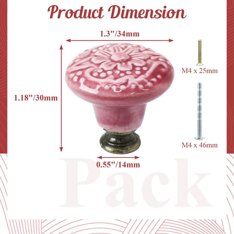 Vintage Rose Red Ceramic Kitchen Cabinet Knobs 16 Piece Set With Solid Zinc Alloy Base slick porcelain glaze, 1.3" wide, detailed floral design.