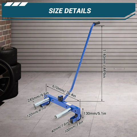 Heavy Duty 500 Lb Tire Dolly Adjustable Roller Cart with size details and measurement markings in a garage setting.