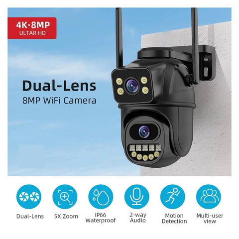 Top Tier 4K 8MP Dome Security Camera Featuring 5X Digital Zoom And Hella Crisp 85 Degree Viewing Angle For Seamless Indoor Outdoor Surveillance With A Rock Solid 360 Horizontal Rotation, black dual-lens design, mounted on wall.