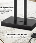 Base of Modern Black Floor Lamp With Dual Poles And Fabric Shade Tall Reading Lamp With Foot Switch For Living Room Bedroom Office And Nursery Contemporary Farmhouse Style