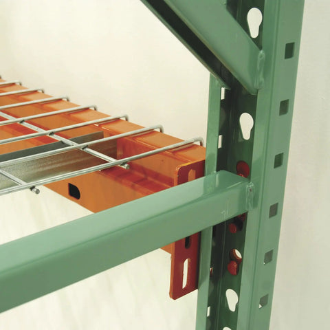 Close-up of Heavy Duty Pallet Rack Wire Deck 42 Inches Deep By 46 Inches Wide showcasing galvanized steel mesh and rack support.