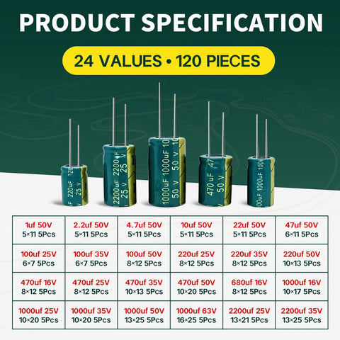 No Sweat Aluminum Electrolytic Capacitor Assortment Kit Featuring 24 Values Spanning 1Uf To 2200Uf At 16V 25V 35V 50V 63V, showcasing capacitor details.