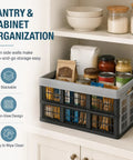 Hella Durable Folding Storage Crate 32L With Grip Handles And Reinforced Bottom in pantry organization with jars and snacks.