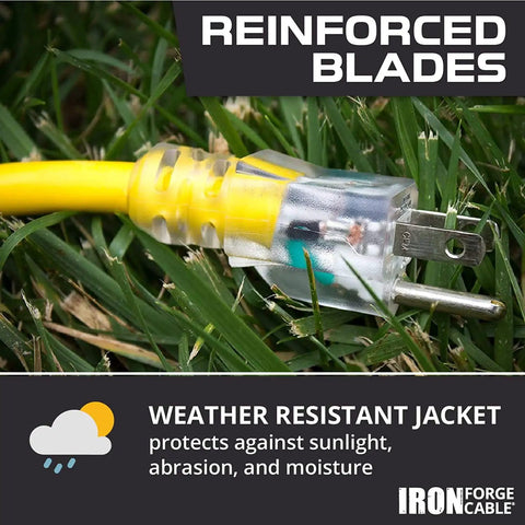 Kickass 10 Gauge Extension Cord Heavy Duty 3 Feet Yellow SJTW Wire For Contractors Power Tools Hammer Drills Wet Vacuums And Outdoor Equipment Indoors Or Job Sites Daily plugged into grass with reinforced blades