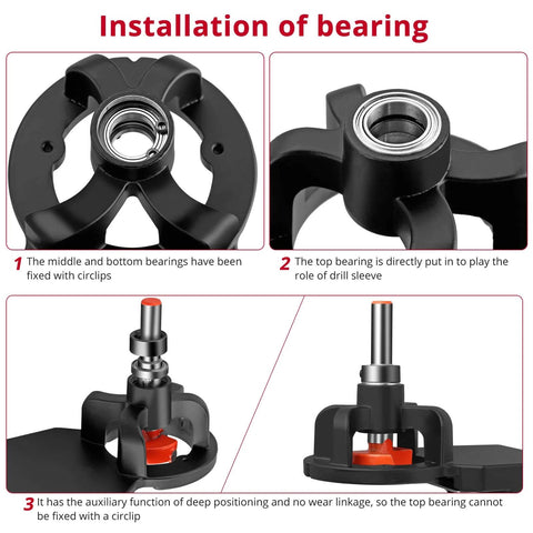 Bearing installation guide for Durable 35mm Concealed Hinge Jig for Cabinets and Wood Furniture, showing top and bottom alignment.
