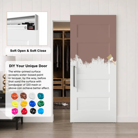 Premium 36X84 Inch 5 Panel Concealed Sliding Barn Door With Hassle Free Smooth Glide Track And Slam Free Soft Close Hardware Ready To Paint White Primed, DIY painting example.