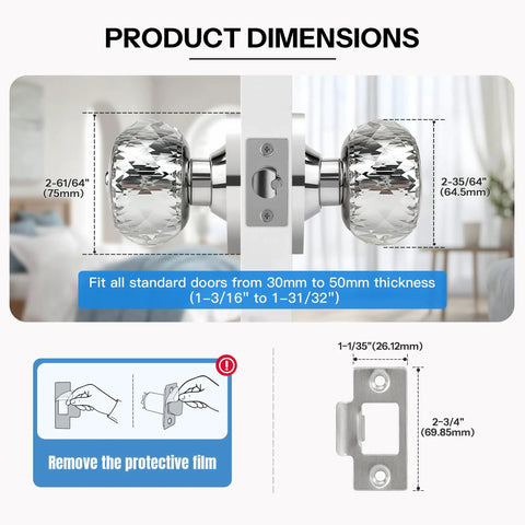 Crystal Door Knobs With Lock And Keys, 6 Pack Keyed Alike Glass Door Knob Set In Satin Nickel dimensions and installation guide