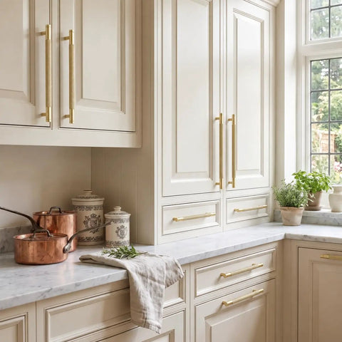 Top Shelf Knurled Cabinet Pulls 10 Pack In Vintage Gold with 6 inch centers enhancing modern kitchen cabinetry.
