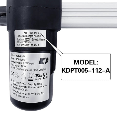Straight Up Heavy Duty Linear Actuator For Power Recliner Lift Chair Motor Replacement 207Mm Stroke label showing KDPT005-112-A model.