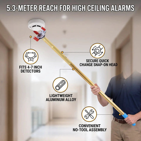 Heavy Duty Smoke Detector Removal Tool With Telescopic Aluminum Pole Featuring Auto Grip Snap Head For Round Or Square Wireless Alarms. Lightweight 5.3-meter aluminum pole.
