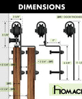 Dimensions diagram of Ultimate Black Rustic Single Track Bypass Sliding Barn Door Hardware Kit for Four Doors with measurements