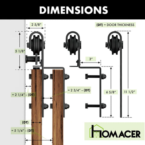 Dimensions diagram of Ultimate Black Rustic Single Track Bypass Sliding Barn Door Hardware Kit for Four Doors with measurements