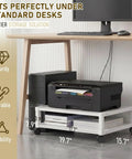 Totally Slick Two Tier Rolling Printer Stand Under Desk With Open Bottom Shelf And Heavy Duty Swivel Casters For Zero Hassle Home Office Workspace Organization White, featuring sturdy dual-layer storage for printer and equipment.