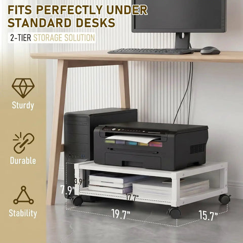 Totally Slick Two Tier Rolling Printer Stand Under Desk With Open Bottom Shelf And Heavy Duty Swivel Casters For Zero Hassle Home Office Workspace Organization White, featuring sturdy dual-layer storage for printer and equipment.