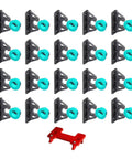 Heavy Duty Upgraded Button Fix Brackets For Dead Simple 90 Degree Panel Connections With Straight Push Quick Snap Hardware and Precision Marker Guide For No Sweat Booth Assembly arranged in grid with red marker tool
