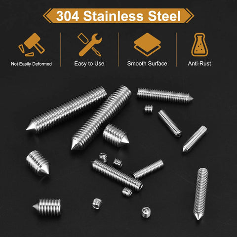 Top Shelf M4x10mm Grub Screws Set Contains 40 Pieces Of 304 Stainless Steel Cone Point Hex Socket Grubs in silver.