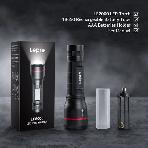 Beastly Bright LED Flashlight With Zoomable Beam And Five Modes High Medium Low SOS And Flash Waterproof Pocket Size displayed with box and accessories