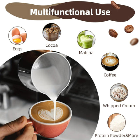 Handheld Milk Frother Cordless Electric Foam Maker With Stainless Steel Whisk Froths In 15 Seconds Quiet Drink Mixer in use for coffee