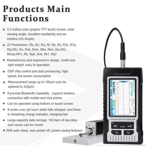 Rock Solid Portable Digital Surface Roughness Tester With Plug And Play Bluetooth Sync And Killer Battery Life For Stress Free Workshop Measurements And Quick Factory Floor Checks on a white background with a measurement graph display.