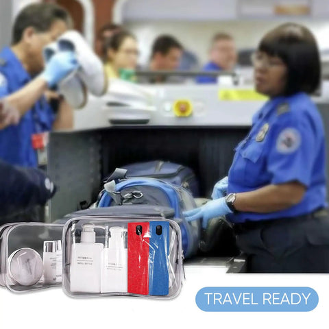 Clear travel bag with hygiene essentials at airport security, showing convenience for on-the-go use.