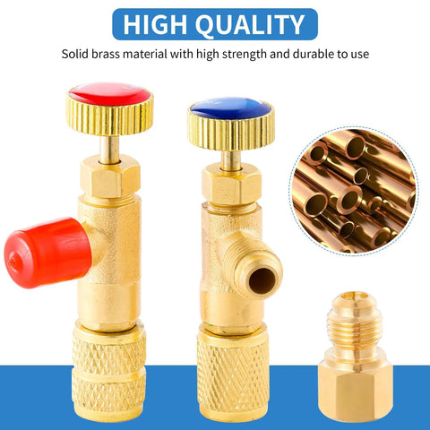 Heavy Duty R12 R22 R410 Refrigerant Charging Valve With Brass Tank Adapter Pro Game Changer Air Conditioner Manifold Quick Connect Fitting No Sweat Hvac Repair Tool, brass valves with red and blue knobs, solid construction.