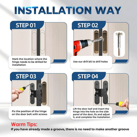 Installation steps for Heavy Duty Invisible Door Hinges 180 Degree Swivel Black Four Pack Solid Zinc Alloy Cabinet Hardware.