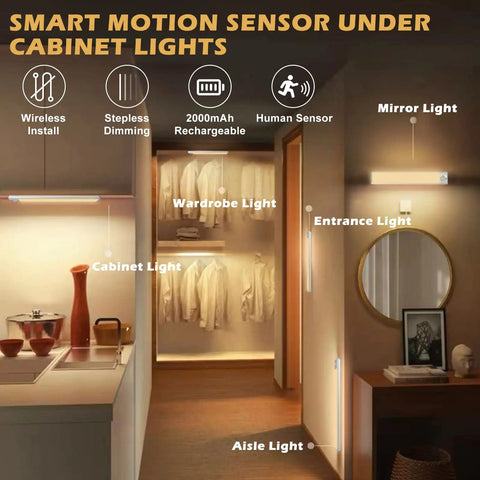 Motion Sensor Under Cabinet Lighting With 72 LED installed in kitchen, wardrobe, entrance, and hallway, showcasing versatility and placement.