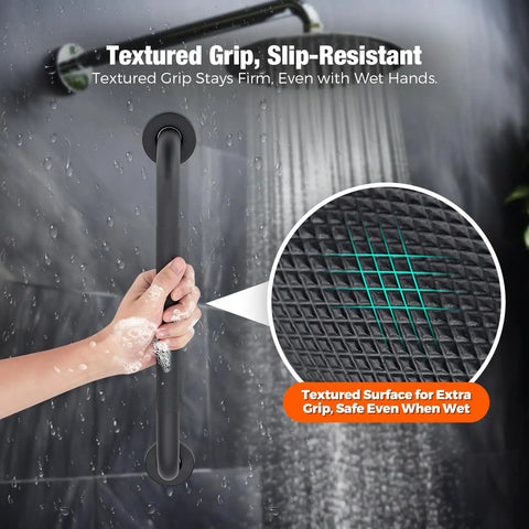 Straight Up Heavy Duty 16 Inch Shower Grab Bars Matte Black Stainless Steel Safety Handles showing textured grip for wet use.