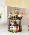 Top Tier Heavy Duty Rustic Lazy Susan Turntable With Smooth Spin Rotating Spice Rack And Reinforced Metal Frame Sturdy Pantry Seasoning Organizer For Kitchen Cabinet Setup with jars and condiments.