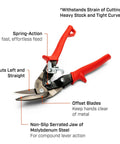Compound Action Offset Long Cut Aviation Snips with red handles and serrated jaw, labeled features shown