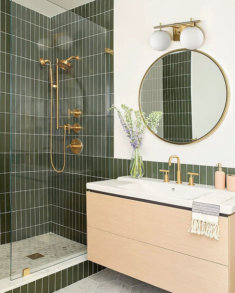 Gold Two Light Wall Sconce With Brass Finish And Milky White Glass Globe, Modern Vanity Light For Bathrooms above mirror