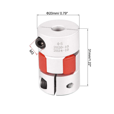Top Shelf Flexible Jaw Coupler Shaft Joint Six Millimeter To Six Point Three Five Millimeter Bore L31 X D20 shown in aluminum, 31mm length, vibration reduction design.