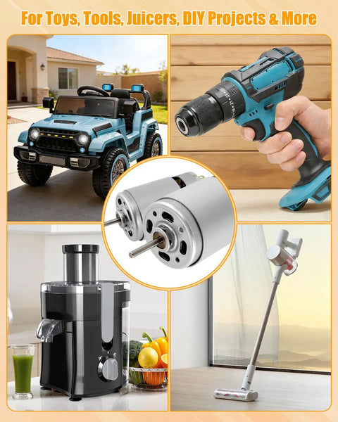 High Speed 12V Ride On Car Motor With Metal Gear 40000 RPM Brushed DC Motor Includes 5 Gear Types shown with toys and tools.