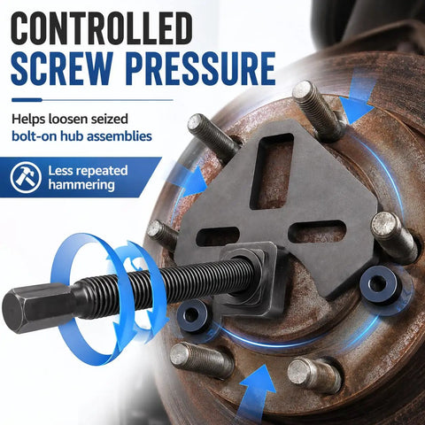 Shop Grade Wheel Bearing Hub Removal Tool And Puller For 5 6 8 Lug Setups demonstrating screw pressure and hardware usage.