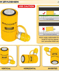 Badass 50 Ton Hydraulic Cylinder Jack Set With CP 700 Hand Pump And Two Inch Stroke Single Acting Auto Retract Ram side view showing yellow steel body.