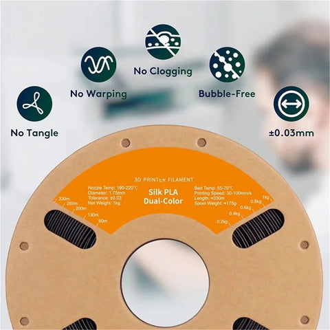 Dual Color Silk PLA Filament For 3D Printing Featuring A Fresh Yellow Green Gradient On A 3Kg Spool specifications on a tan spool.
