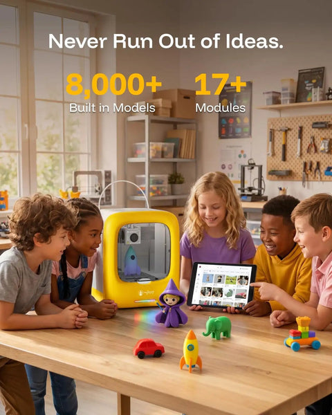 Group of kids around a Dope AI Powered 3D Printer Designed Specifically For Kids Featuring Fully Assembled Parts Hella Safe Enclosed Operation And Rad STEM gifts.