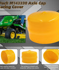 Replacement Axle Cap Bearing Cover M143338 straight up swap for lawn mowers showing yellow cap detail and fitment.