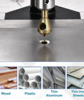 Badass Heavy Duty Titanium Countersink Drill Bit Set With Precision Chamfer Cone Tools For Metal Woodworking Bevel Grinding 4 Piece 2 To 20mm Range Pro Shop Ready Machining Kit in action on metal sheet.