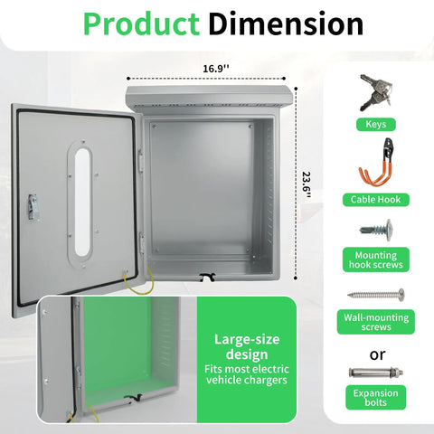 Slick Outdoor EV Charger Lock Box With Viewable Window For Tesla Wall Connector And Most Electric Cars. Interior dimensions showing steel construction.